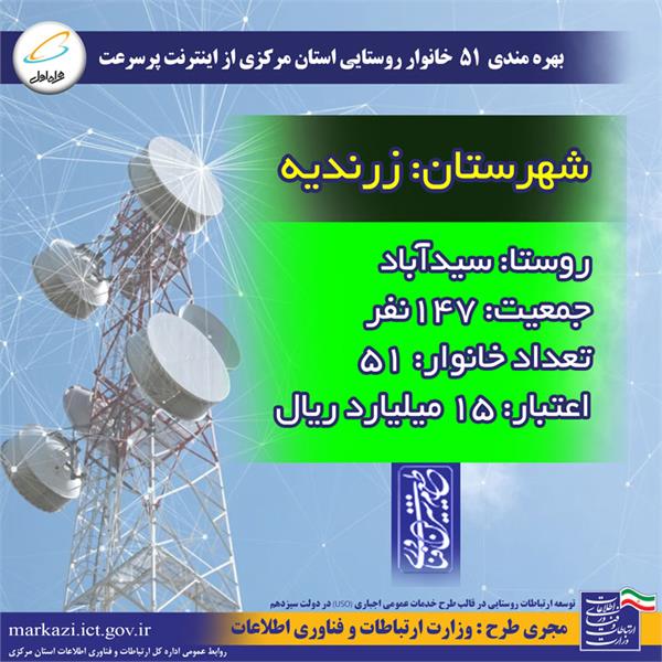 اتصال روستای "سیدآباد" در استان مرکزی به شبکه ملی اطلاعات و بهره مندی اهالی از اینترنت پرسرعت